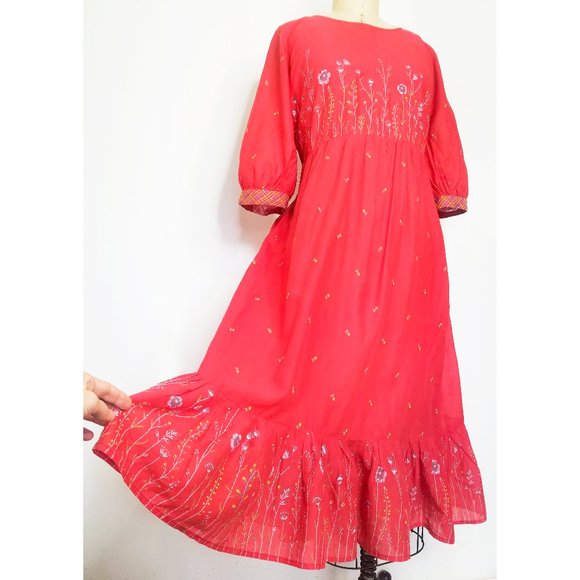 Vintage Womens Prairie Dress Boho Bohemian Empire Waist Floral Summer Red M/L - Picture 2 of 7